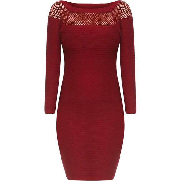 Wine Red Long Sleeve Netted Neckline Dress - Picture 6 of 8